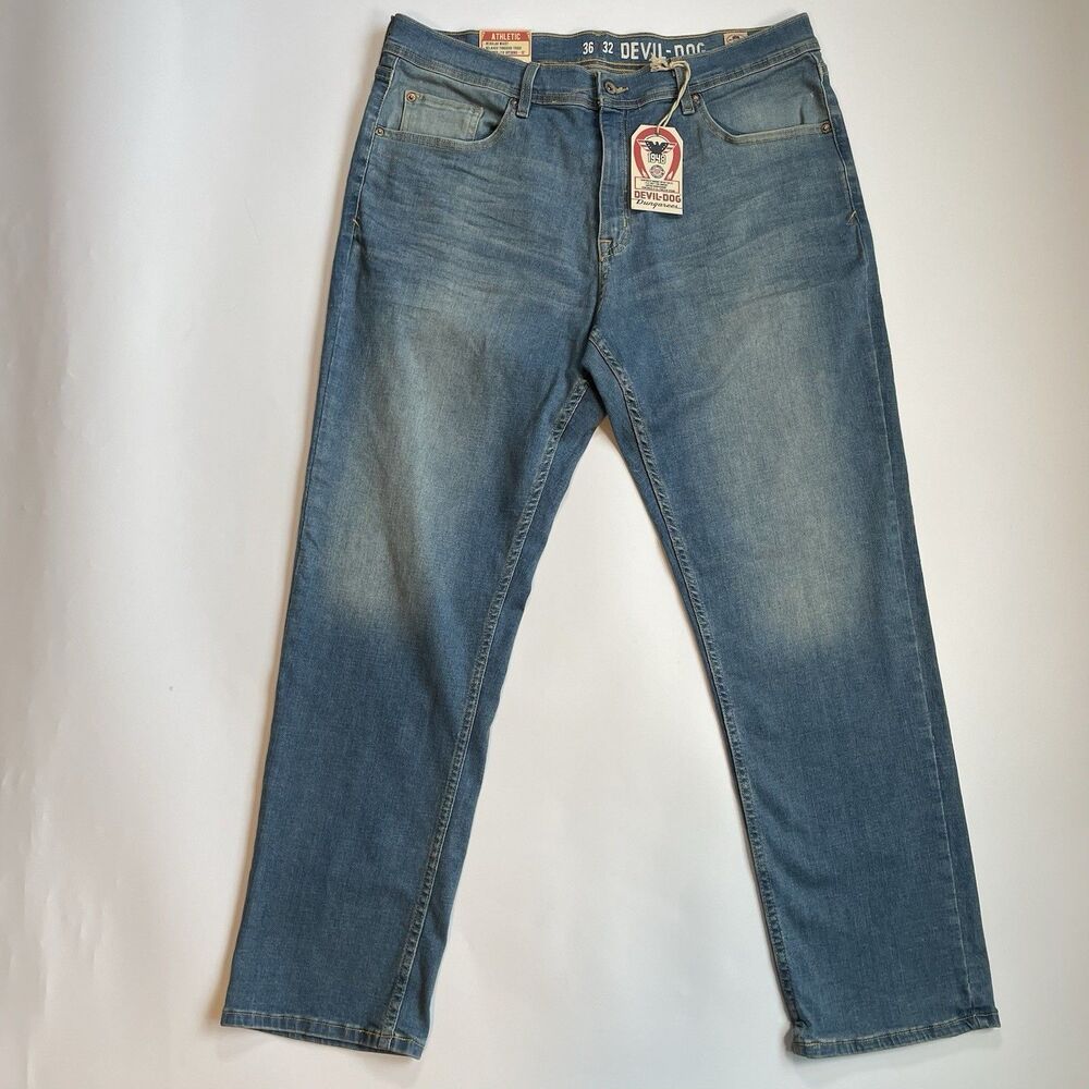 Devil Dog Athletic Fit Stretch Jeans Mens Denim Medium Wash Faded Size 36x32 NEW - Picture 3 of 15